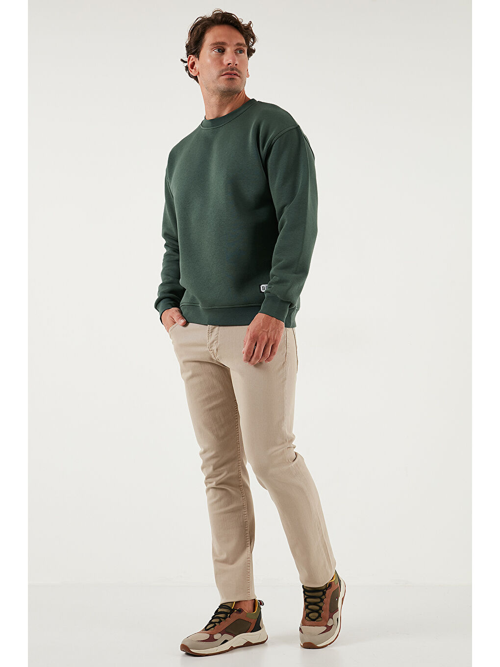 Yeşil Regular Fit Bisiklet Yaka Pamuklu İçi Tüylü Yumuşak Şardonlu Erkek Sweat 5905255-1