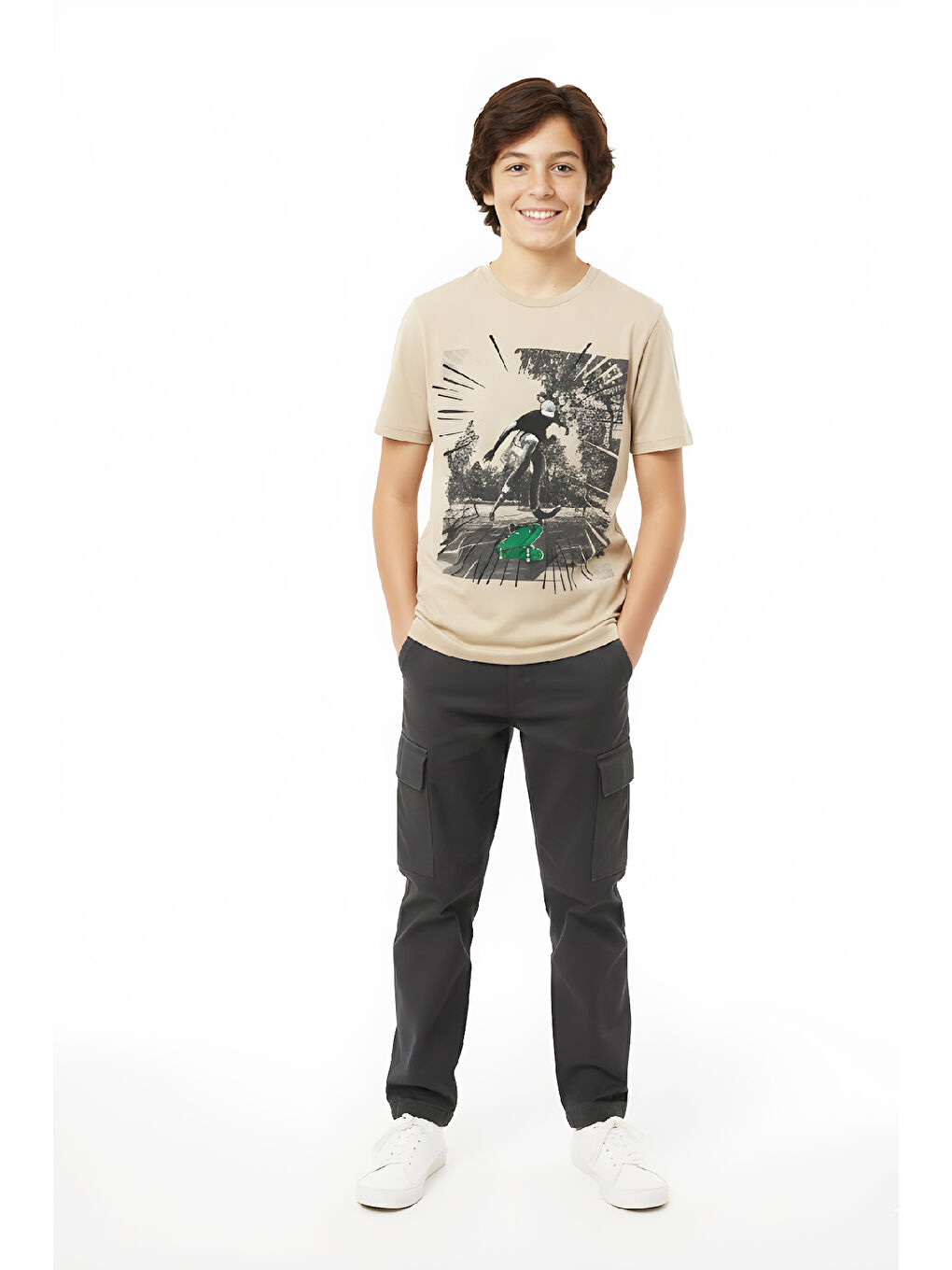 Ekru Erkek Çocuk %100 Pamuk T-Shirt-KayKay Baskılı-12-16 Yaş 12526-1