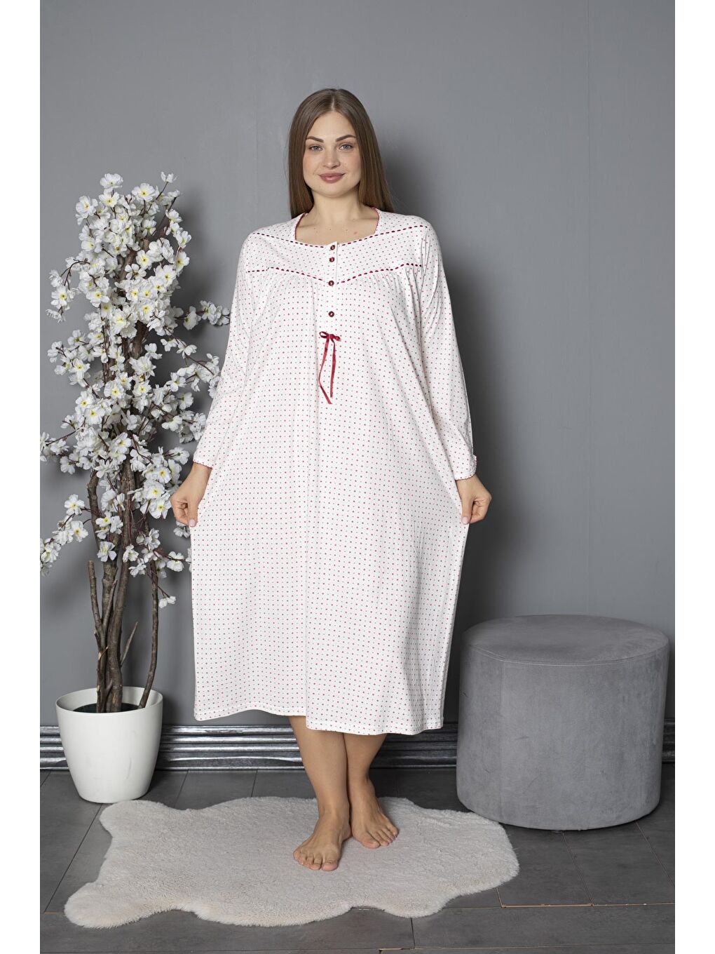 Fuşya %100 Pamuklu Mevsimlik Penye Uzun Kollu Büyük Beden Anne Geceliği 1330