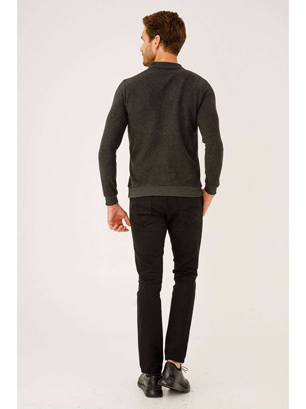 Gri Antrasit Dar Kalıp Polo Yaka Düz Uzun Kollu Triko-1