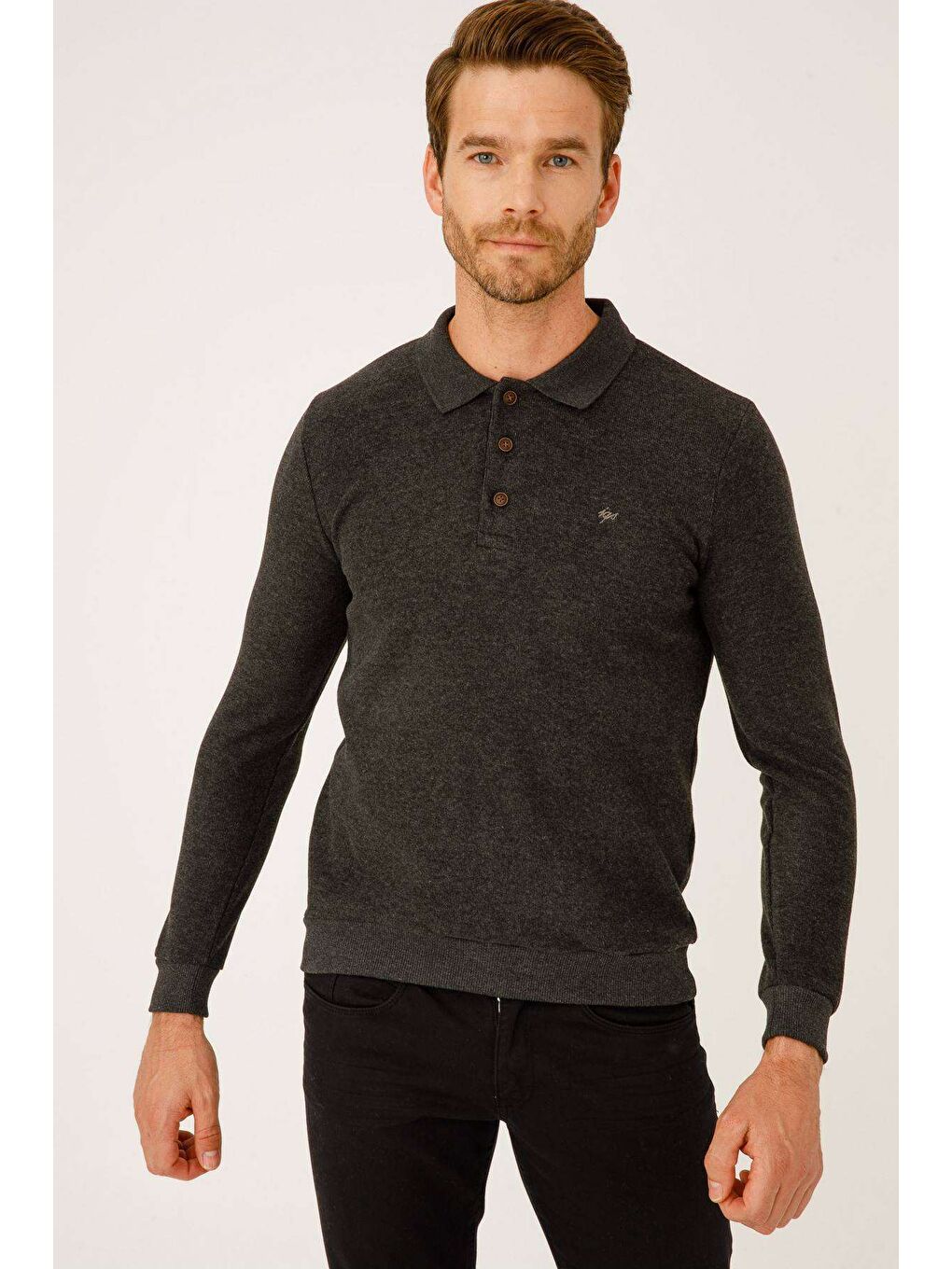 Gri Antrasit Dar Kalıp Polo Yaka Düz Uzun Kollu Triko-2