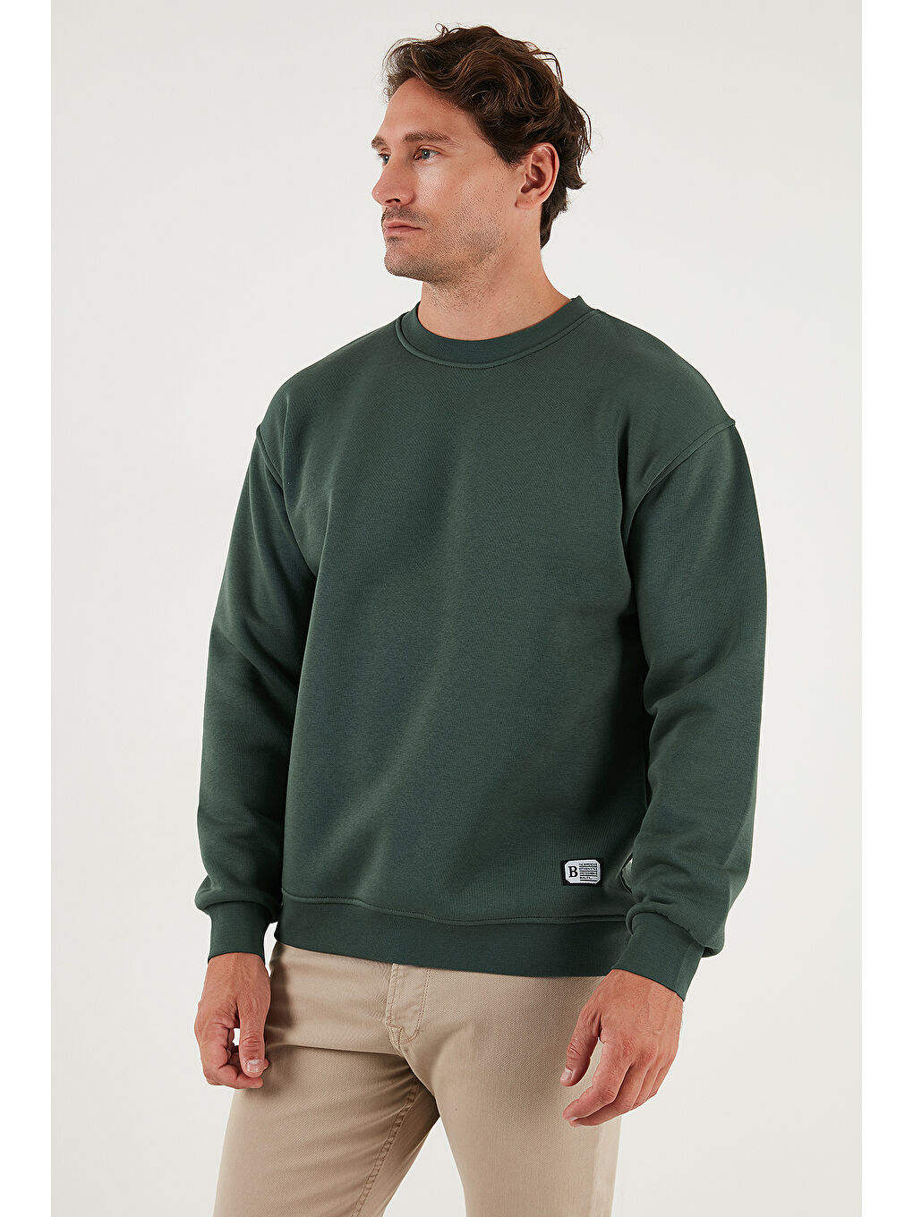 Yeşil Regular Fit Bisiklet Yaka Pamuklu İçi Tüylü Yumuşak Şardonlu Erkek Sweat 5905255-3