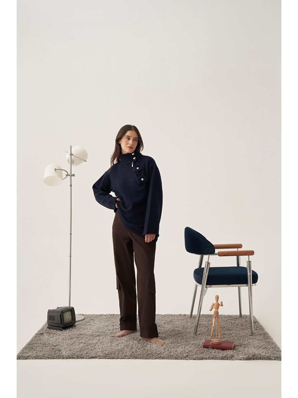 İndigo-Yakası Apoletli Triko Kazak