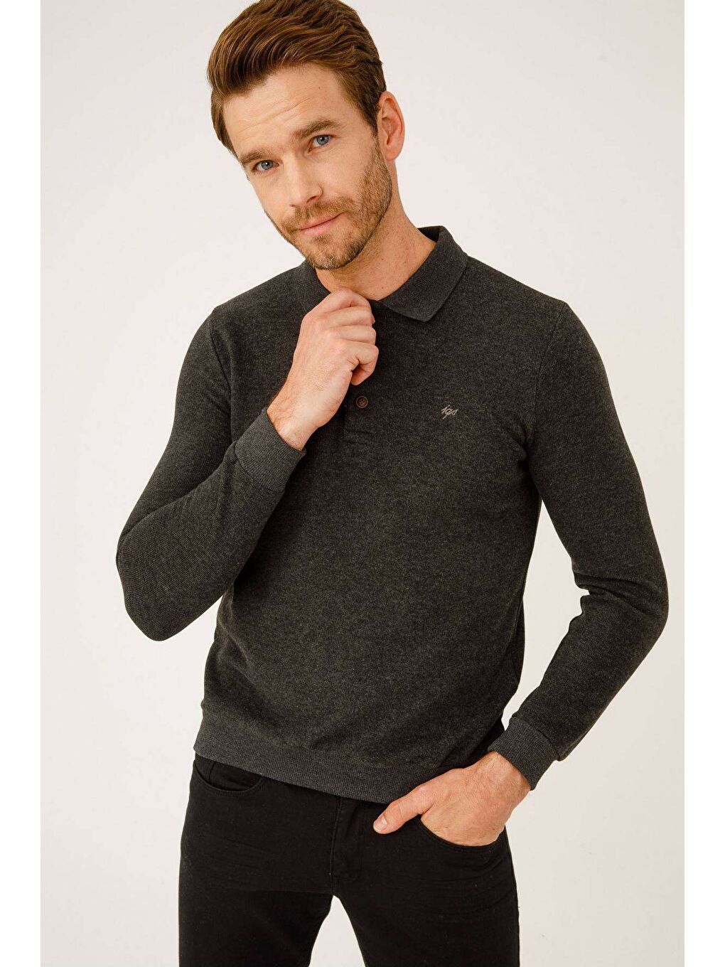 Gri Antrasit Dar Kalıp Polo Yaka Düz Uzun Kollu Triko-3