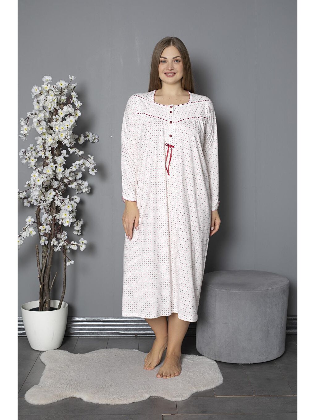 Fuşya %100 Pamuklu Mevsimlik Penye Uzun Kollu Büyük Beden Anne Geceliği 1330-1