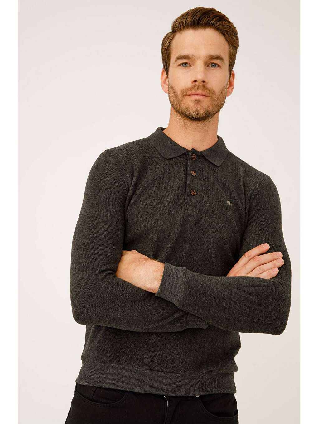 Gri Antrasit Dar Kalıp Polo Yaka Düz Uzun Kollu Triko-4