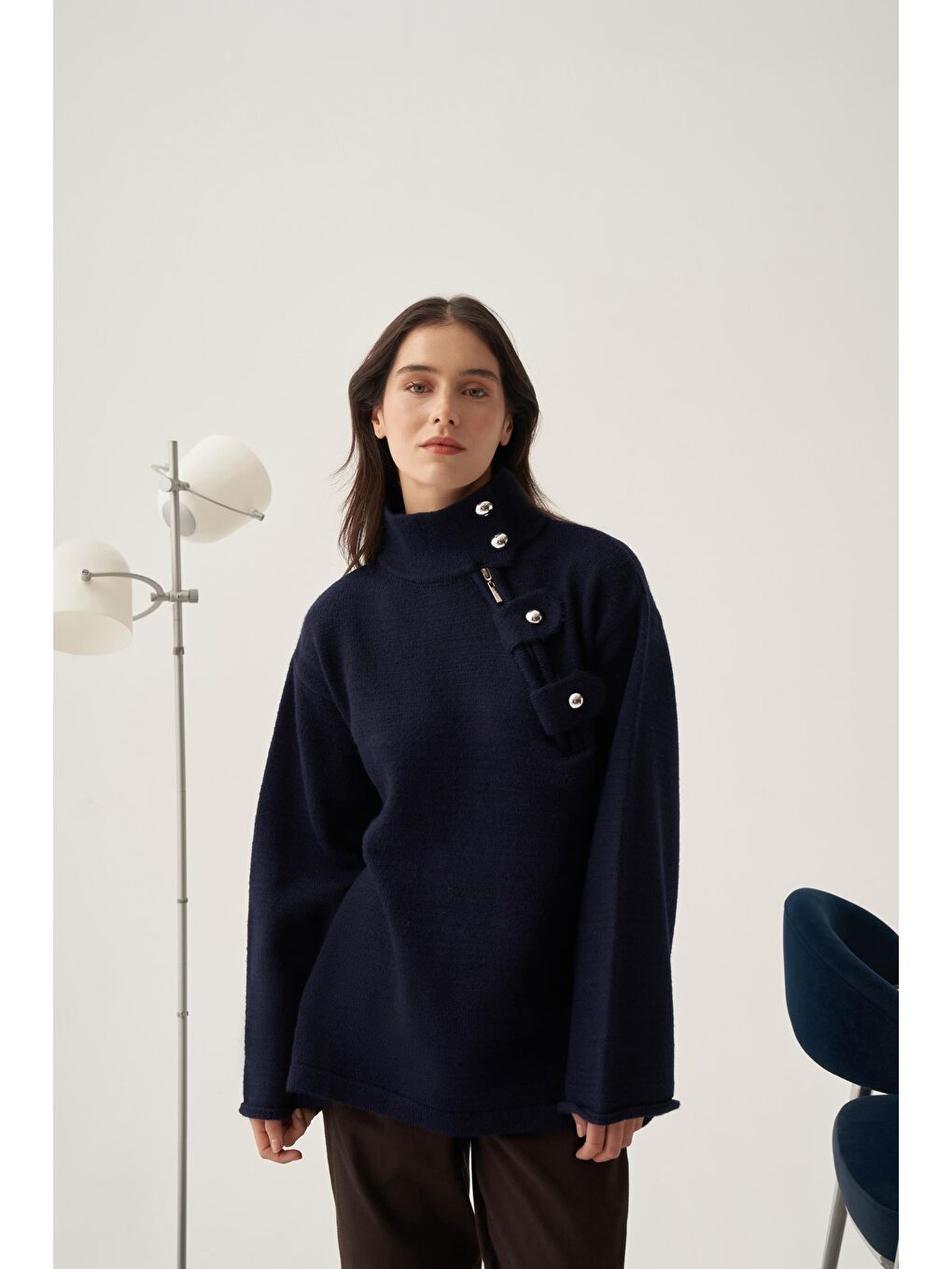 İndigo-Yakası Apoletli Triko Kazak-2