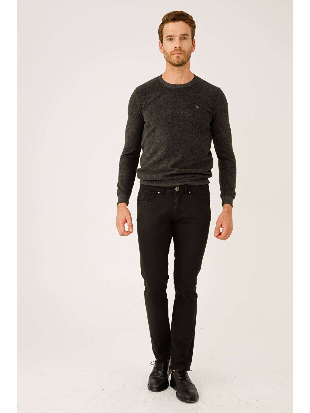 Gri Antrasit Dar Kalıp Polo Yaka Düz Uzun Kollu Triko-6