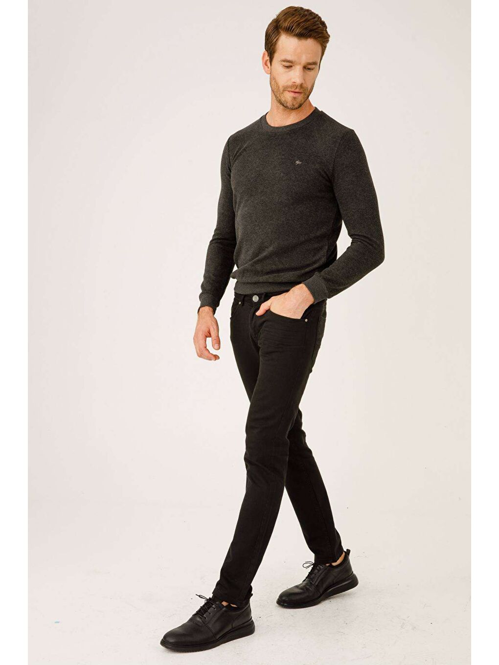 Gri Antrasit Dar Kalıp Polo Yaka Düz Uzun Kollu Triko-7