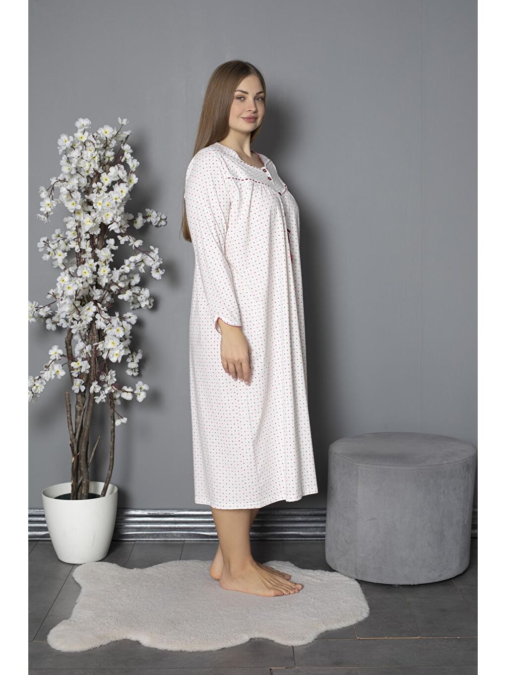 Fuşya %100 Pamuklu Mevsimlik Penye Uzun Kollu Büyük Beden Anne Geceliği 1330-2