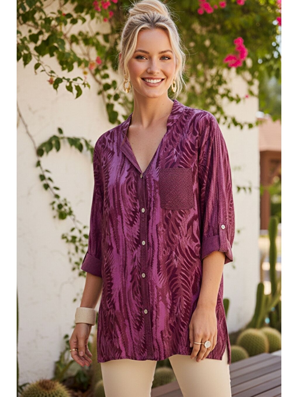 İtalyan Bordo Hakim Yaka Düğmeli 3/4 Kol Desenli Düğmeli Pullu Cepli Viskon Dokuma Bluz 72 65-2