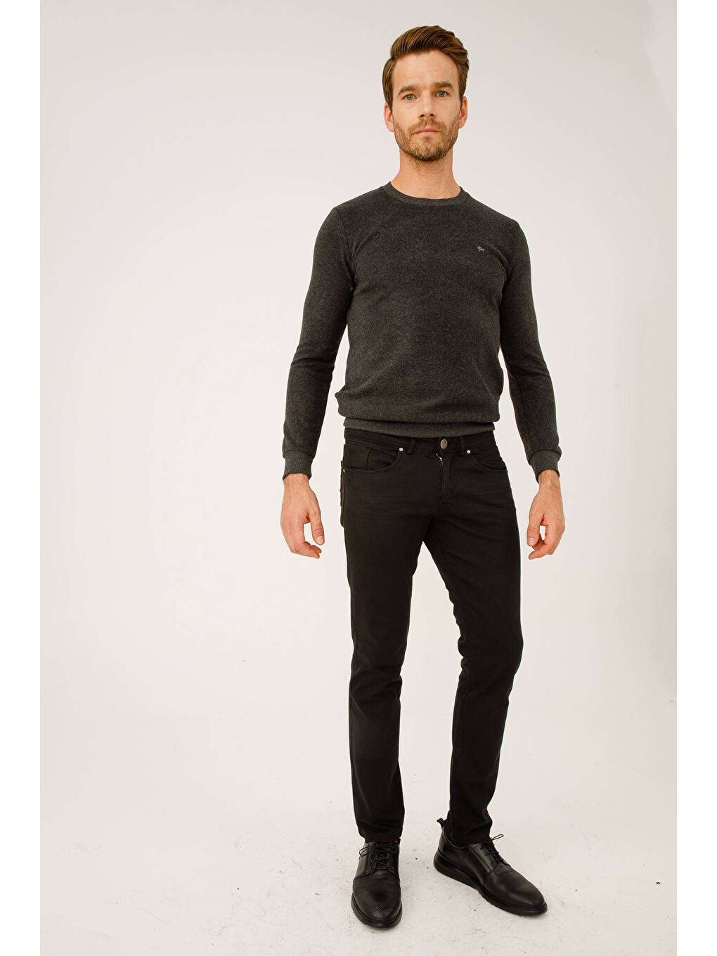 Gri Antrasit Dar Kalıp Polo Yaka Düz Uzun Kollu Triko-8