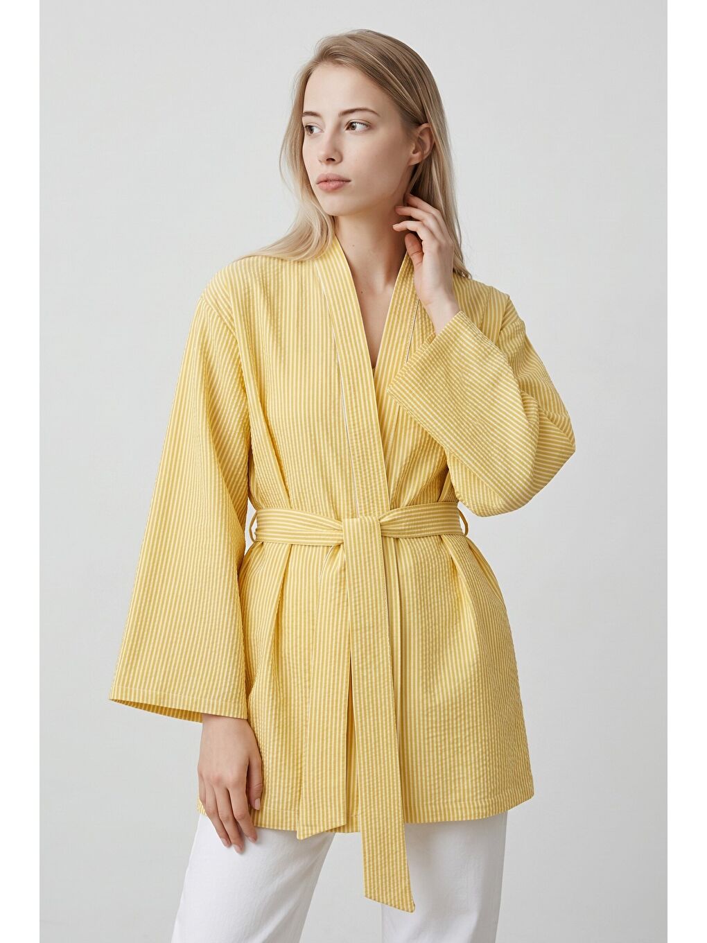 Sarı Kadın Dikey Çizgili Geniş Kollu Yazlık Relaxed Kimono-2