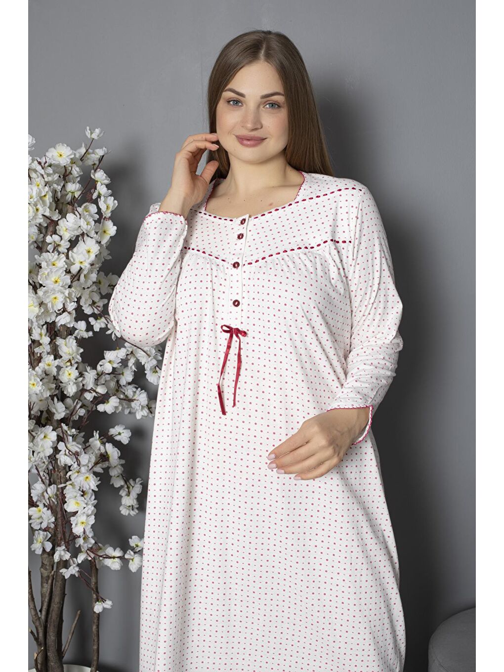 Fuşya %100 Pamuklu Mevsimlik Penye Uzun Kollu Büyük Beden Anne Geceliği 1330-3