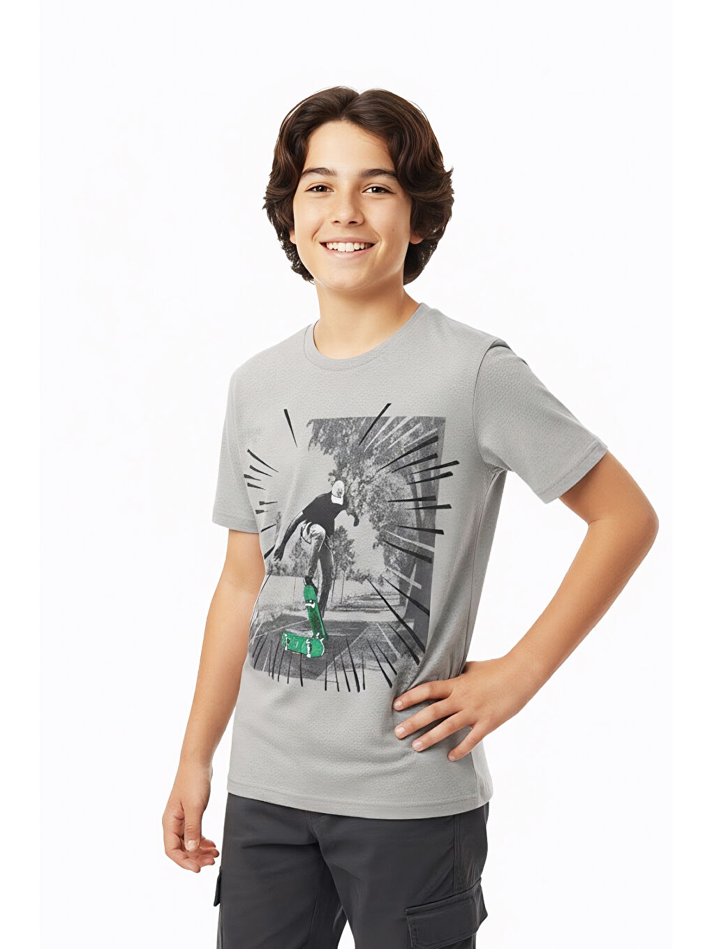 Gri Erkek Çocuk %100 Pamuk T-Shirt-KayKay Baskılı-12-16 Yaş 12526