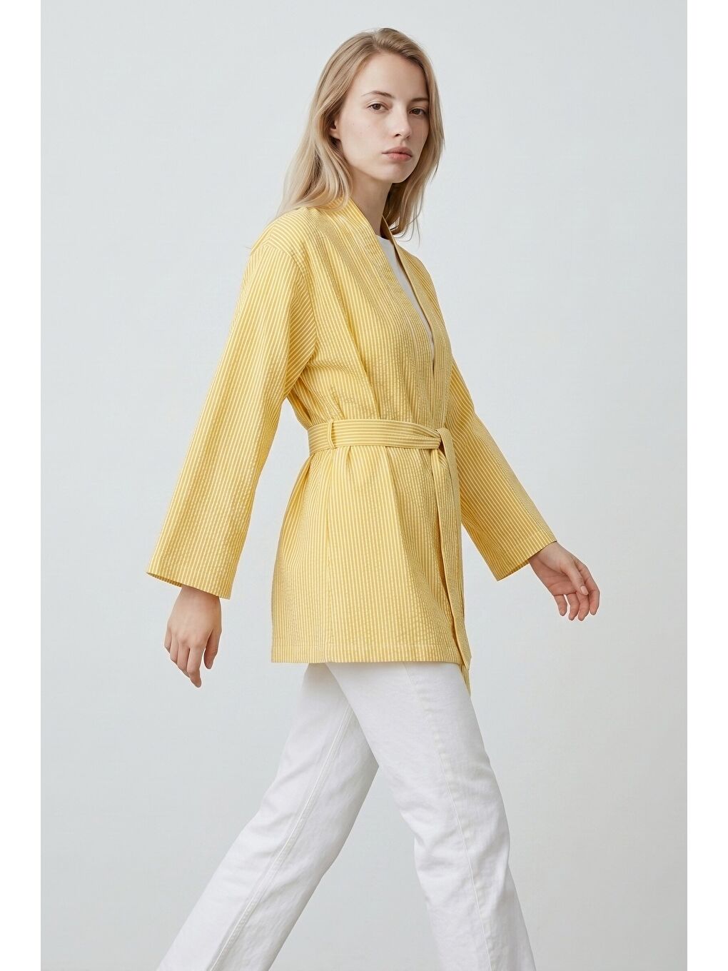 Sarı Kadın Dikey Çizgili Geniş Kollu Yazlık Relaxed Kimono-3