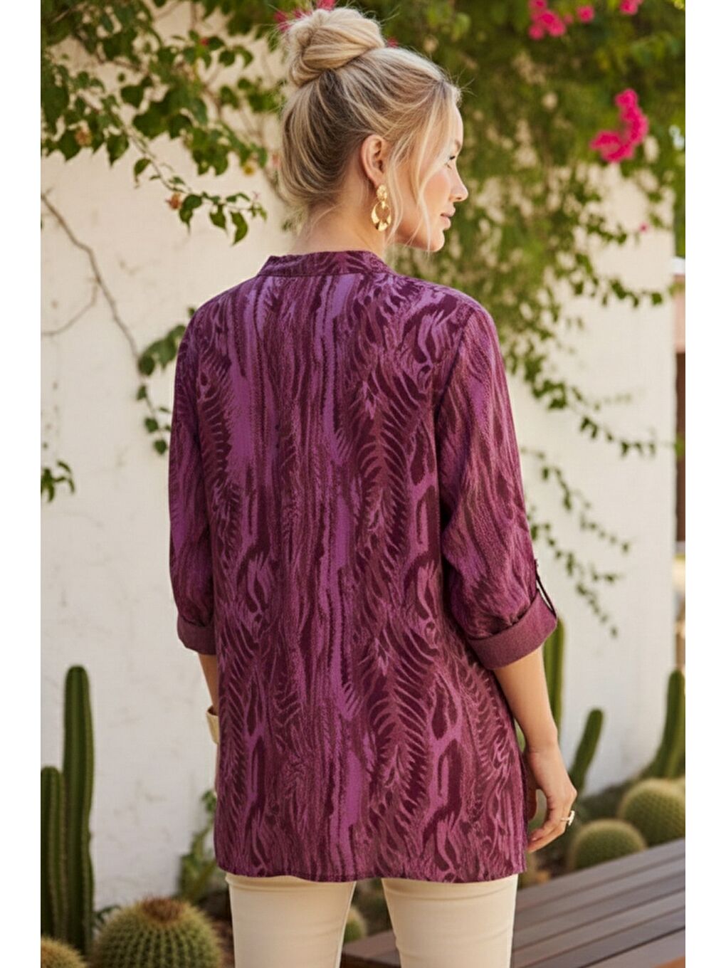 İtalyan Bordo Hakim Yaka Düğmeli 3/4 Kol Desenli Düğmeli Pullu Cepli Viskon Dokuma Bluz 72 65-5