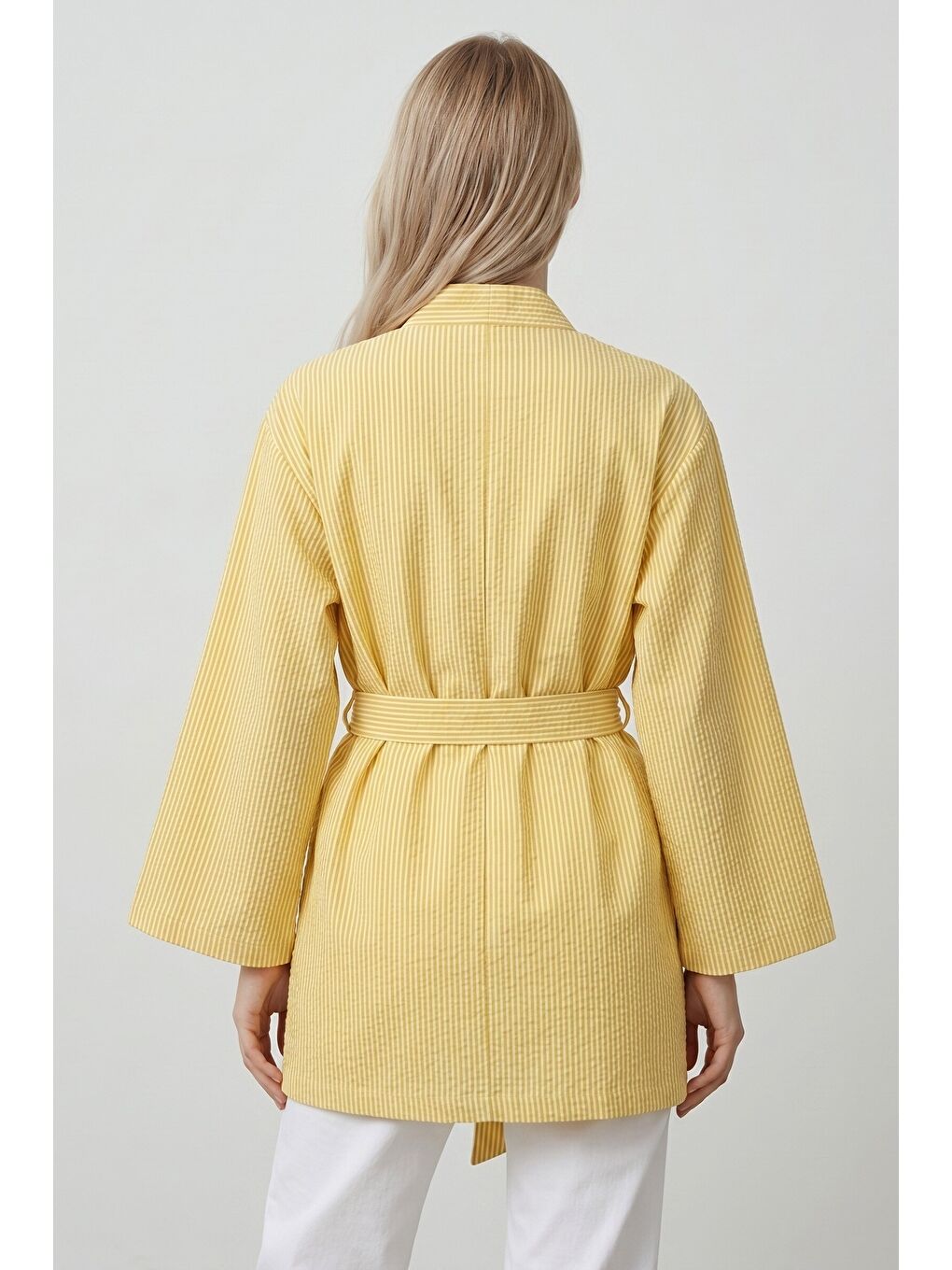 Sarı Kadın Dikey Çizgili Geniş Kollu Yazlık Relaxed Kimono-4