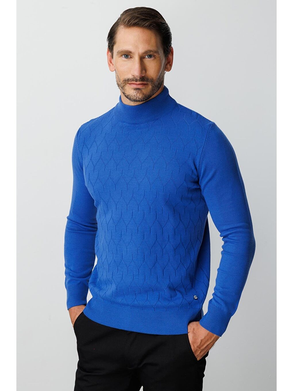 Mavi Saks Dar Kalıp Yarım Balıkçı Düz Uzun Kollu Triko