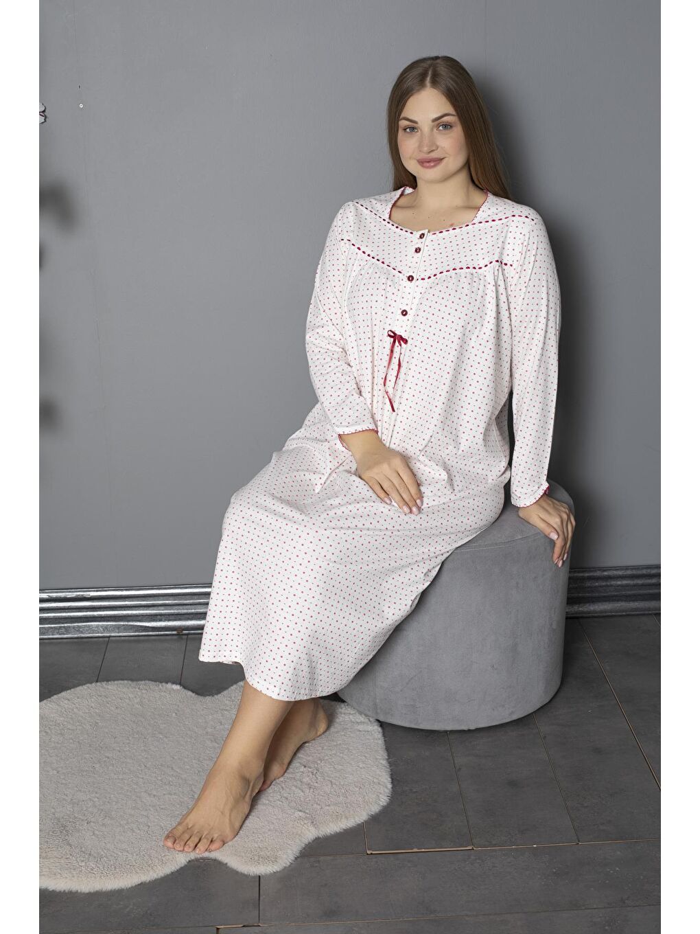 Fuşya %100 Pamuklu Mevsimlik Penye Uzun Kollu Büyük Beden Anne Geceliği 1330-4