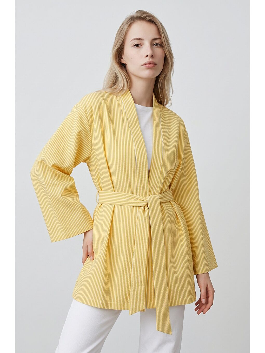 Sarı Kadın Dikey Çizgili Geniş Kollu Yazlık Relaxed Kimono-5