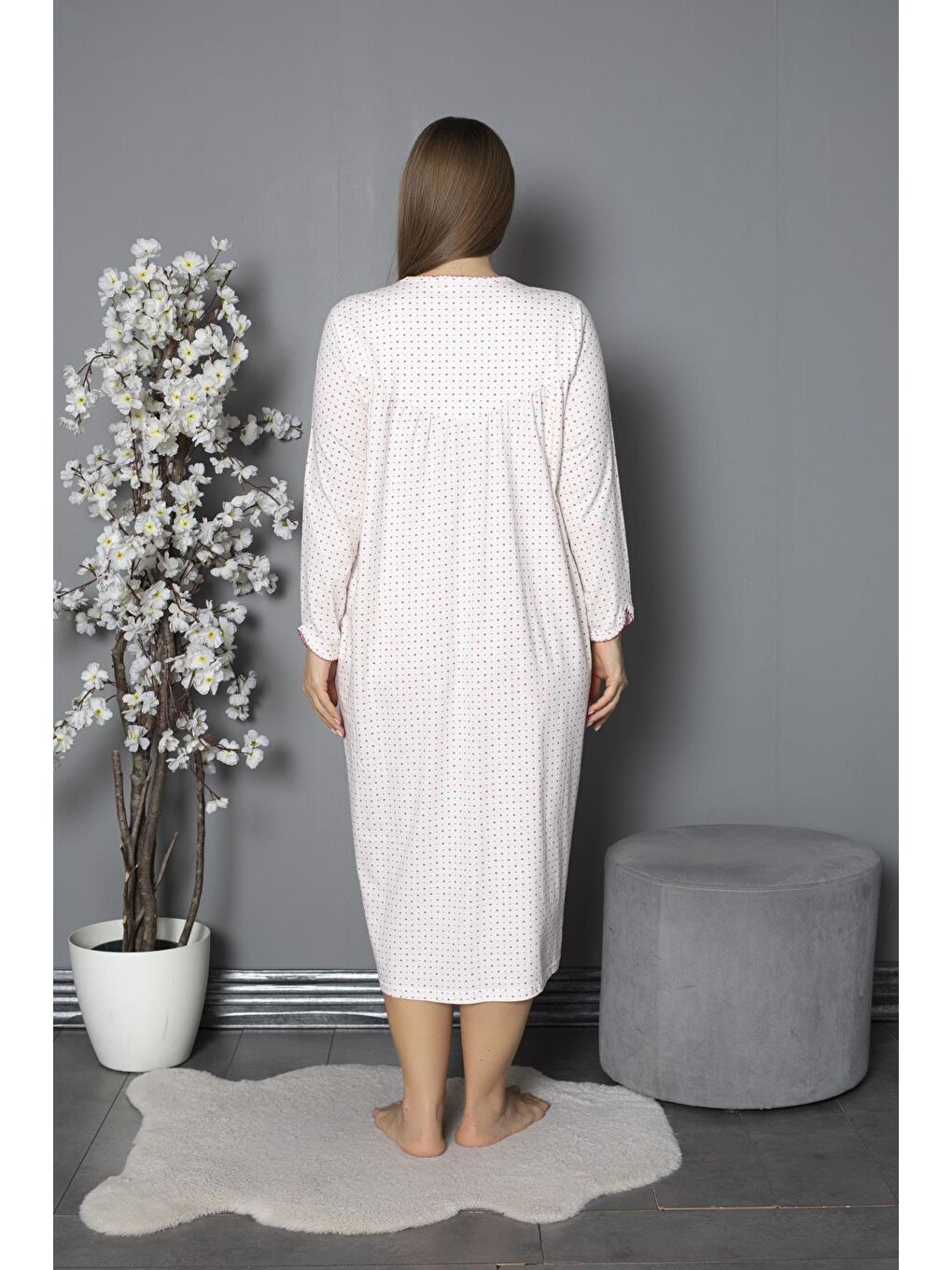 Fuşya %100 Pamuklu Mevsimlik Penye Uzun Kollu Büyük Beden Anne Geceliği 1330-5