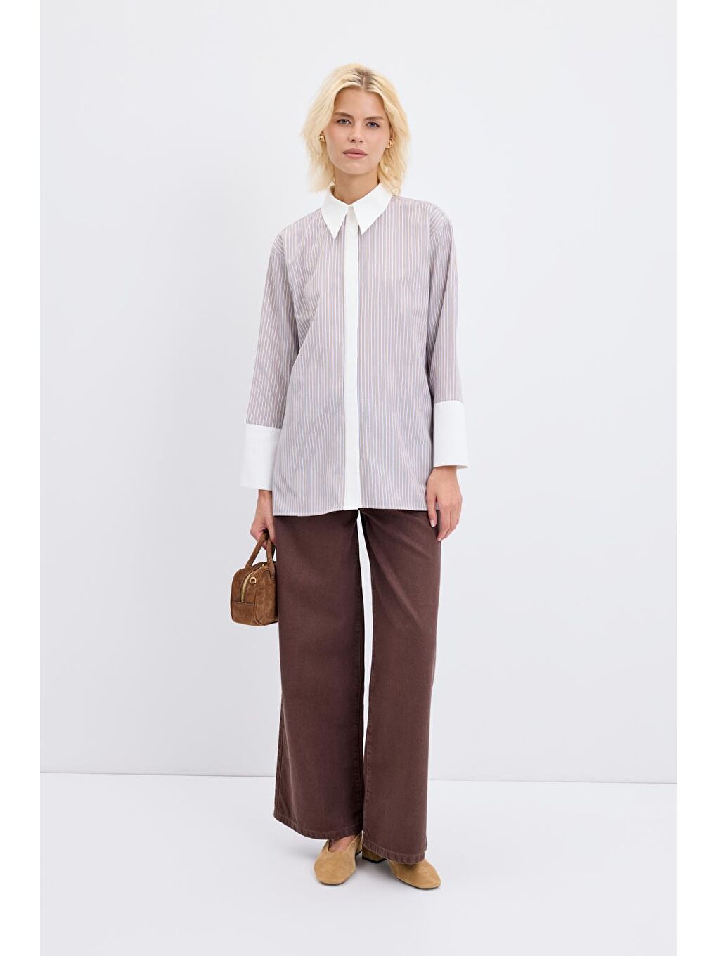 Bej Geniş Manşetli Çizgili Gömlek Vizon-1