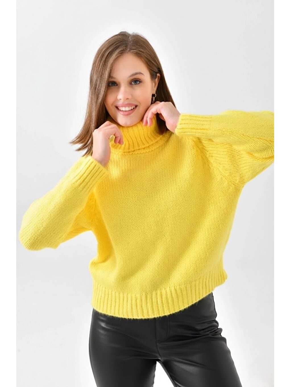 Sarı Kadın Balıkçı Yaka Kaşkorse Triko Kazak-1