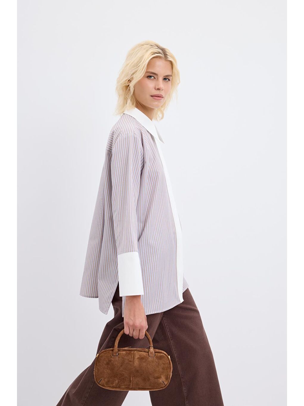 Bej Geniş Manşetli Çizgili Gömlek Vizon-2