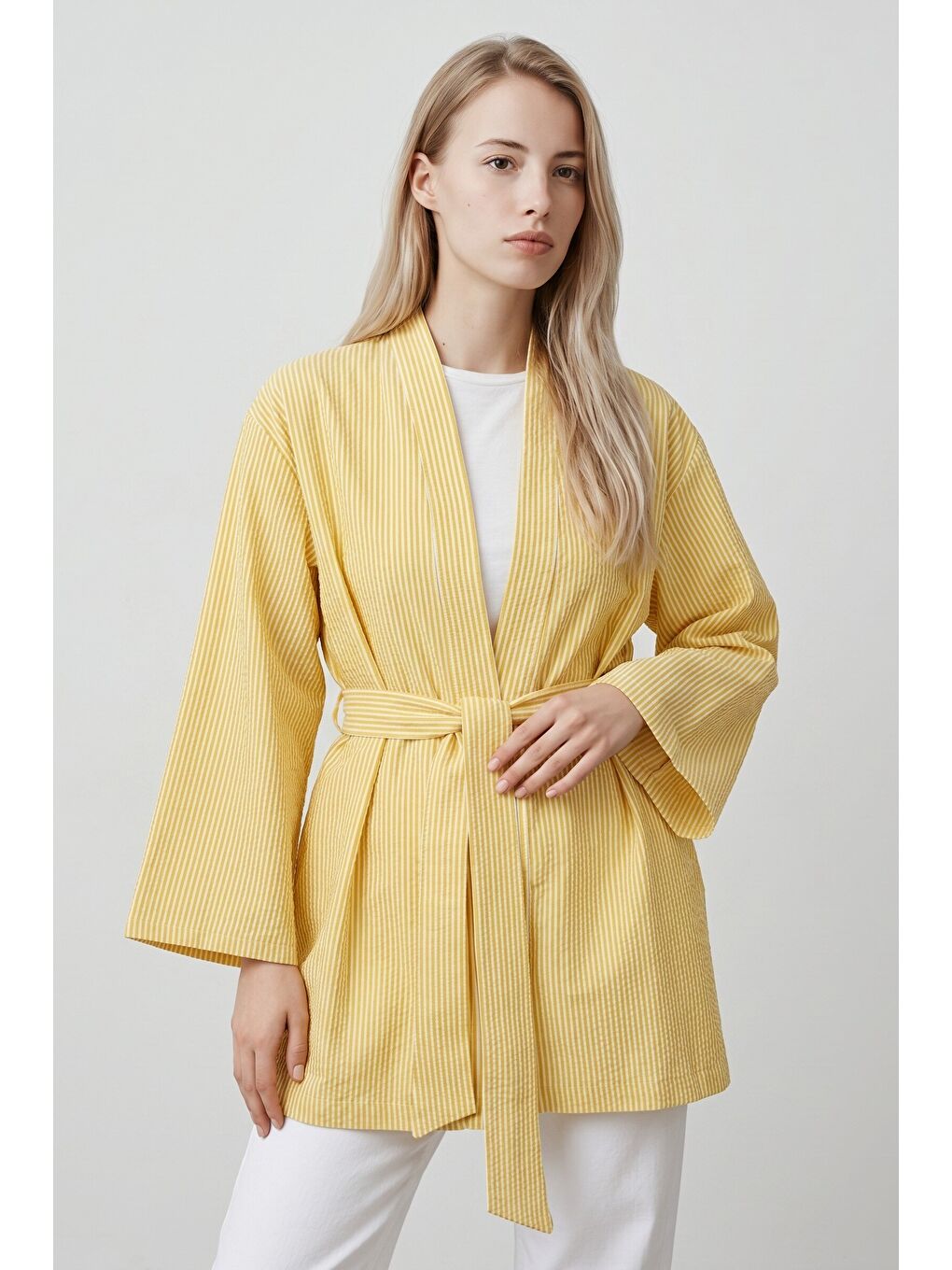 Sarı Kadın Dikey Çizgili Geniş Kollu Yazlık Relaxed Kimono-6