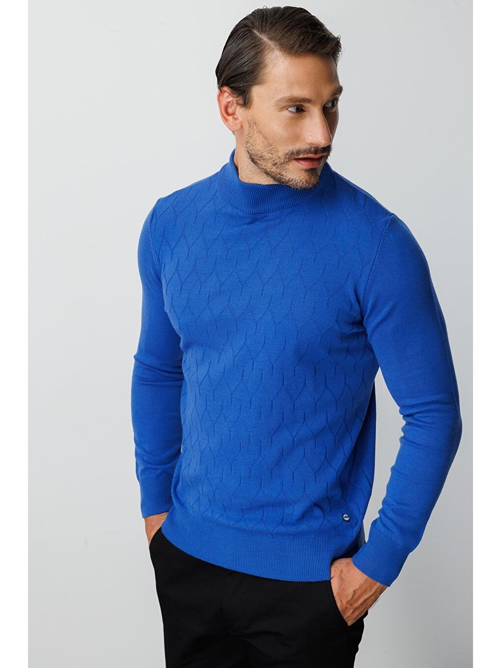 Mavi Saks Dar Kalıp Yarım Balıkçı Düz Uzun Kollu Triko-1