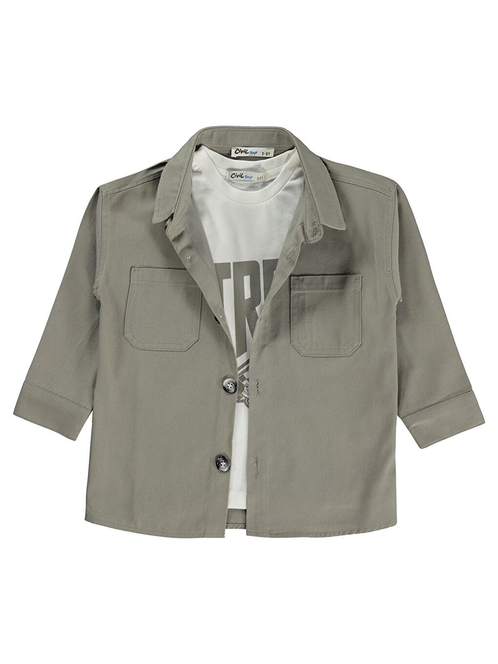 Boys Çift Cepli Tişörtlü 2-5 Yaş Gömlek - Gri 2-3 Yaş