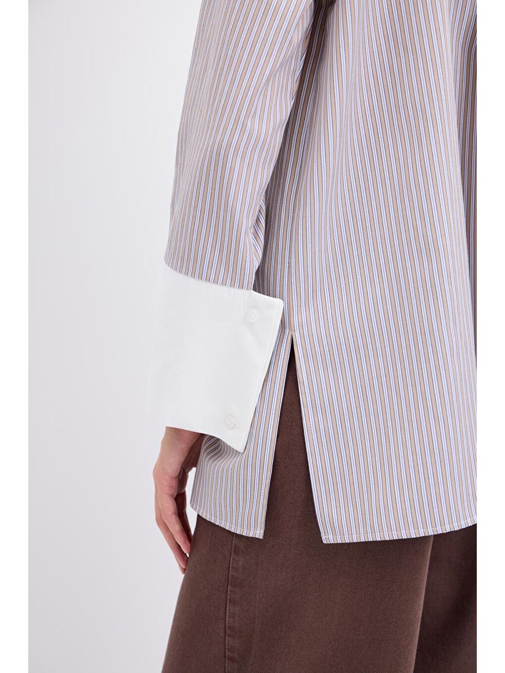 Bej Geniş Manşetli Çizgili Gömlek Vizon-3