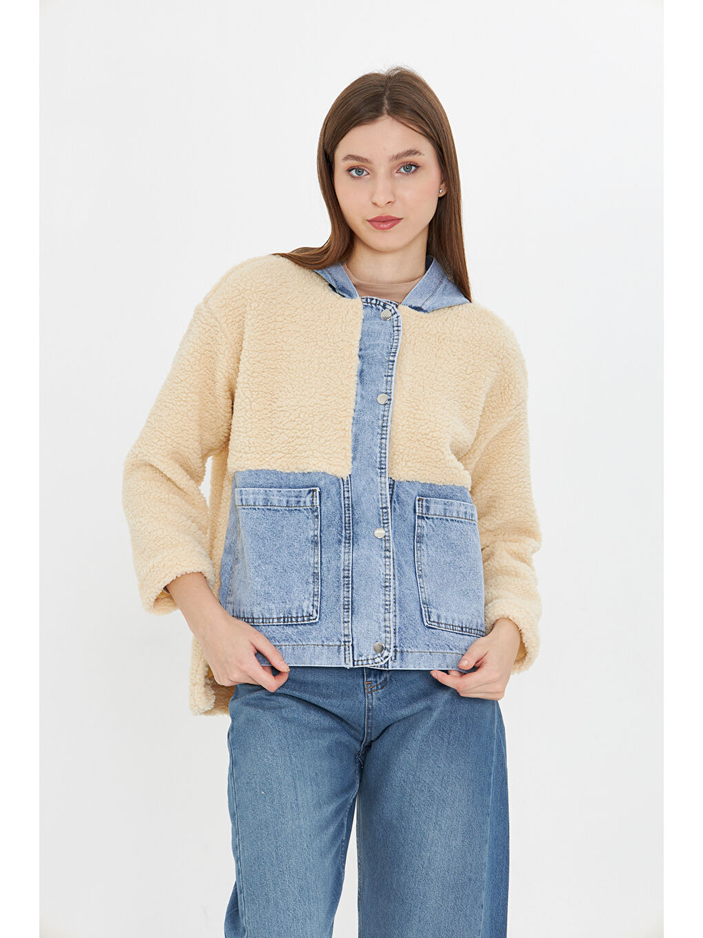 Mavi Kadın Kapüşonlu Denim Detaylı Pelüş Ceket