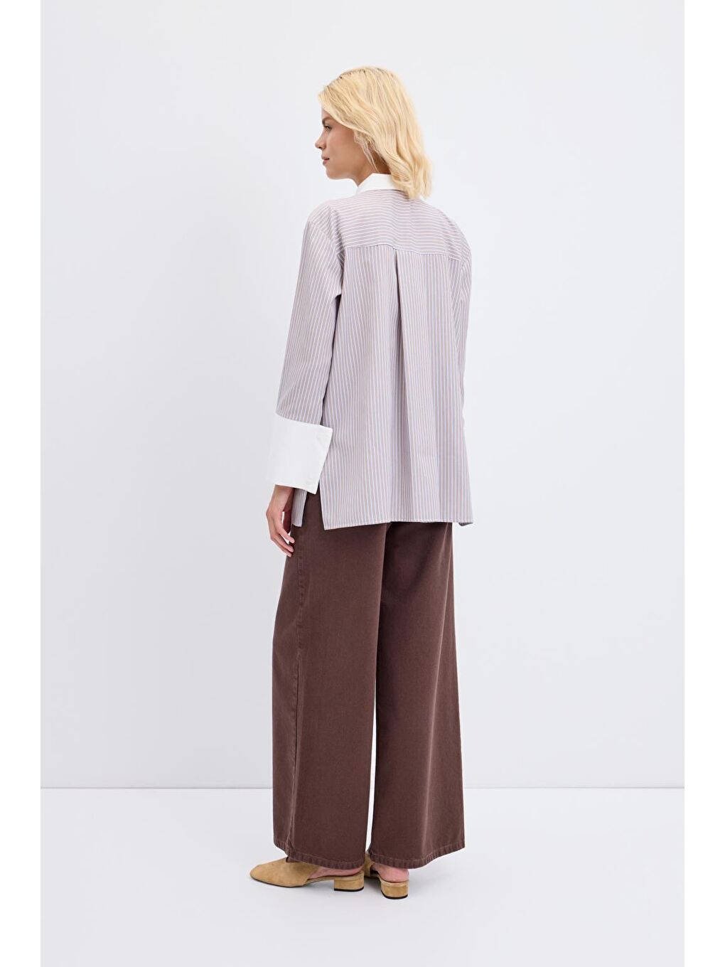 Bej Geniş Manşetli Çizgili Gömlek Vizon-4