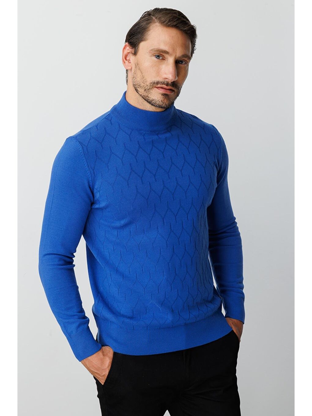 Mavi Saks Dar Kalıp Yarım Balıkçı Düz Uzun Kollu Triko-2