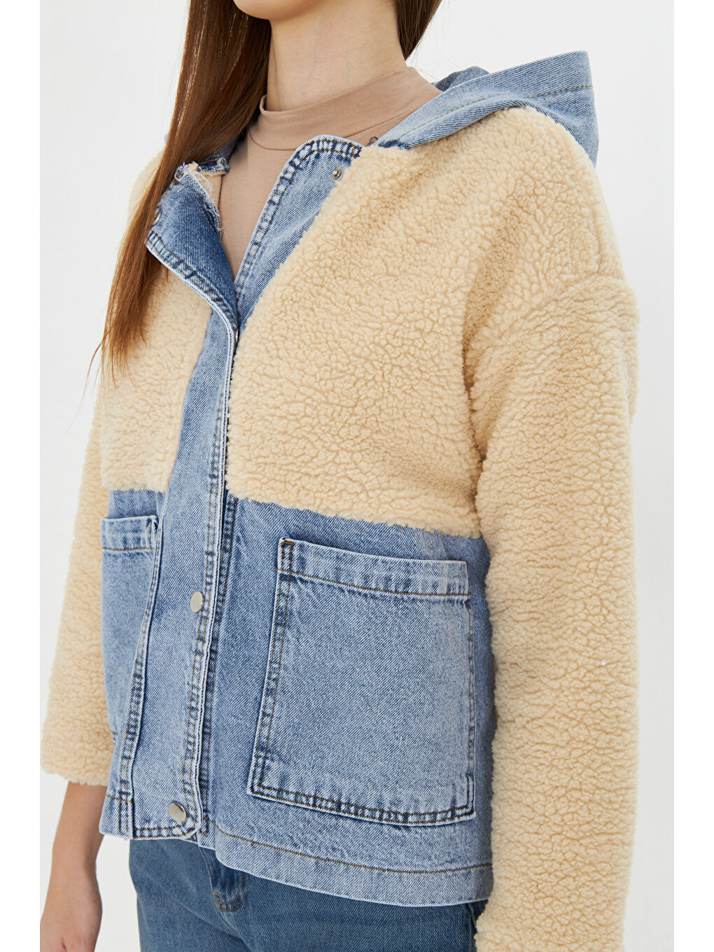 Mavi Kadın Kapüşonlu Denim Detaylı Pelüş Ceket-1