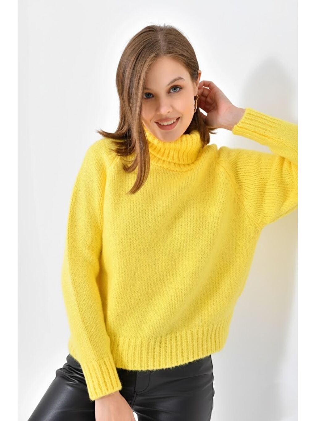 Sarı Kadın Balıkçı Yaka Kaşkorse Triko Kazak-4