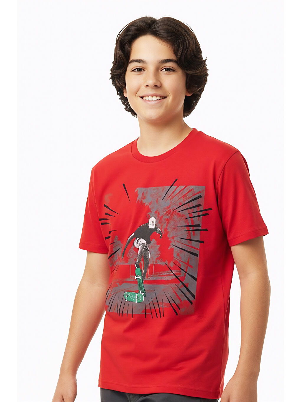 Kırmızı Erkek Çocuk %100 Pamuk T-Shirt-KayKay Baskılı-12-16 Yaş 12526