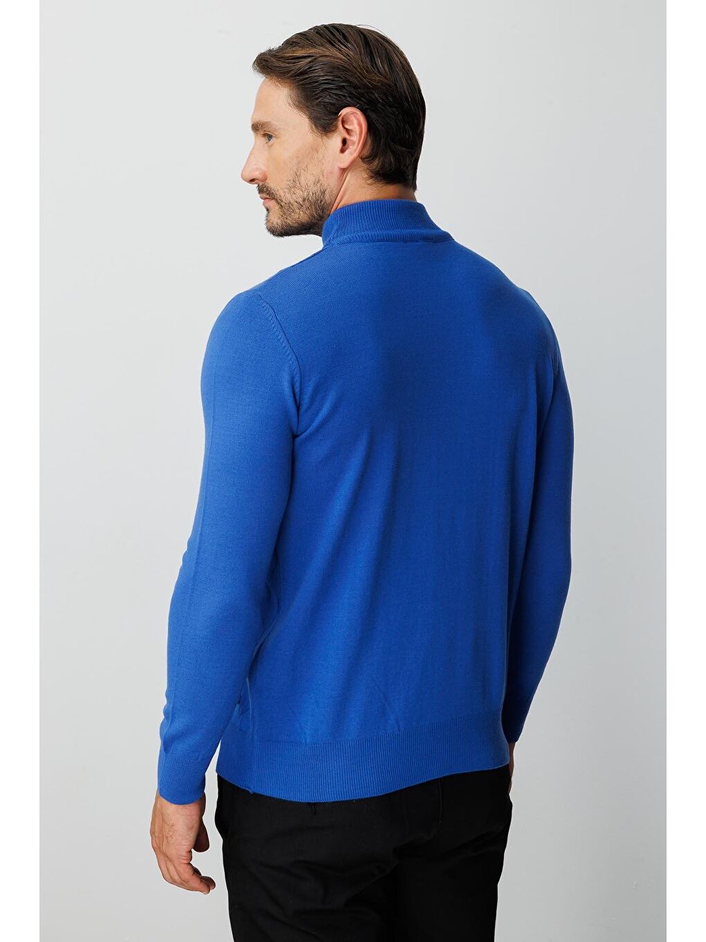 Mavi Saks Dar Kalıp Yarım Balıkçı Düz Uzun Kollu Triko-4