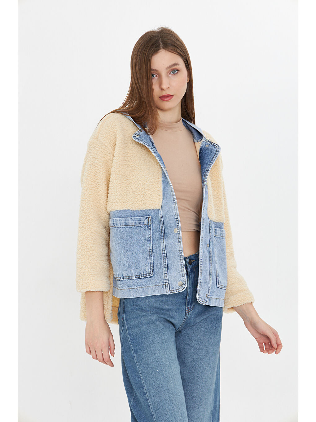 Mavi Kadın Kapüşonlu Denim Detaylı Pelüş Ceket-2