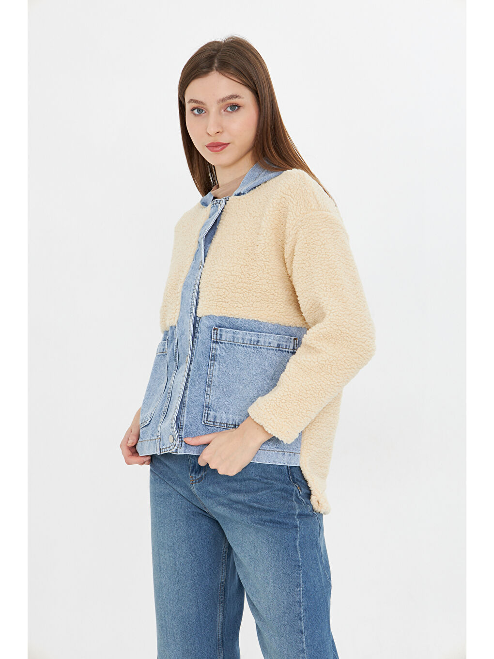 Mavi Kadın Kapüşonlu Denim Detaylı Pelüş Ceket-3