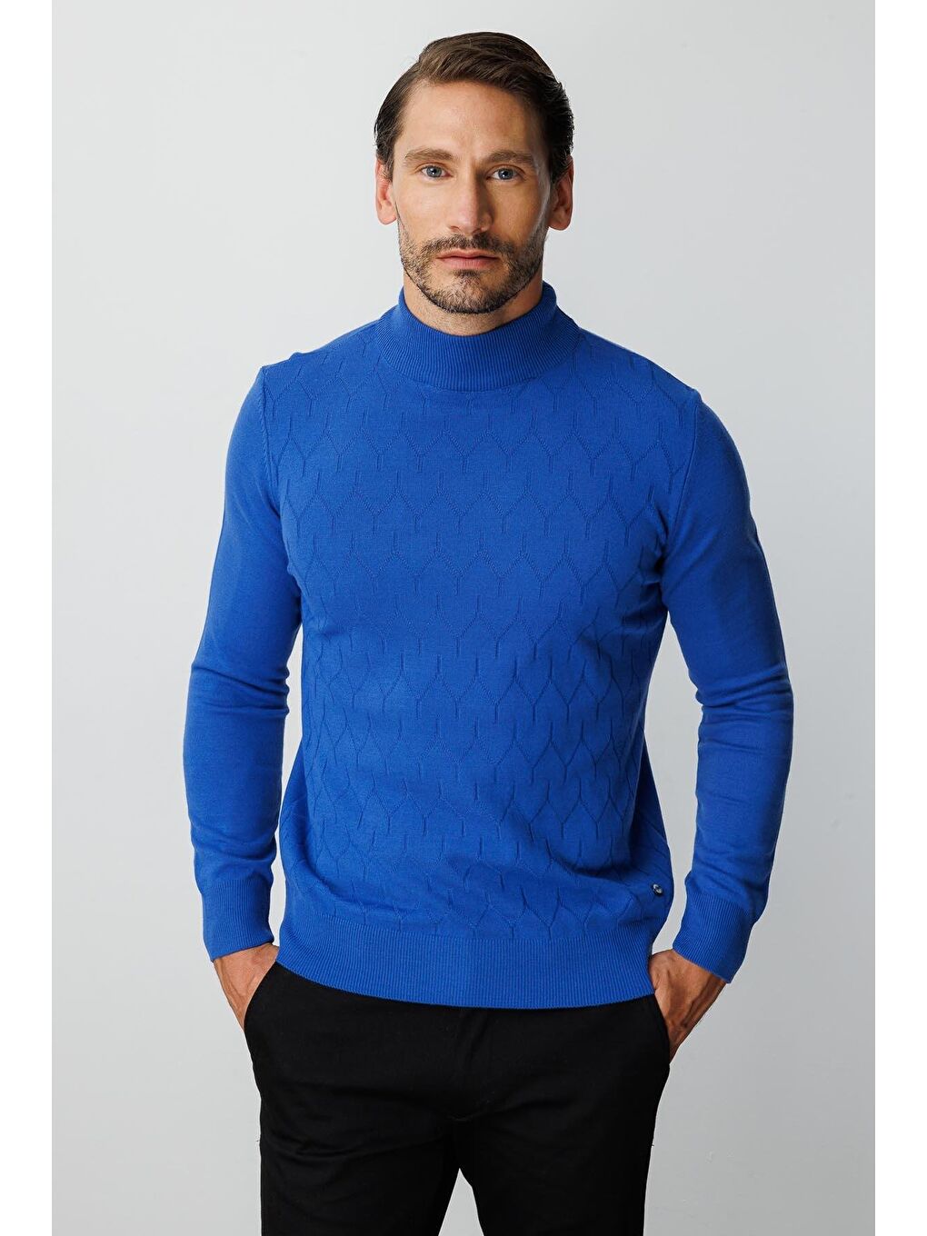 Mavi Saks Dar Kalıp Yarım Balıkçı Düz Uzun Kollu Triko-5