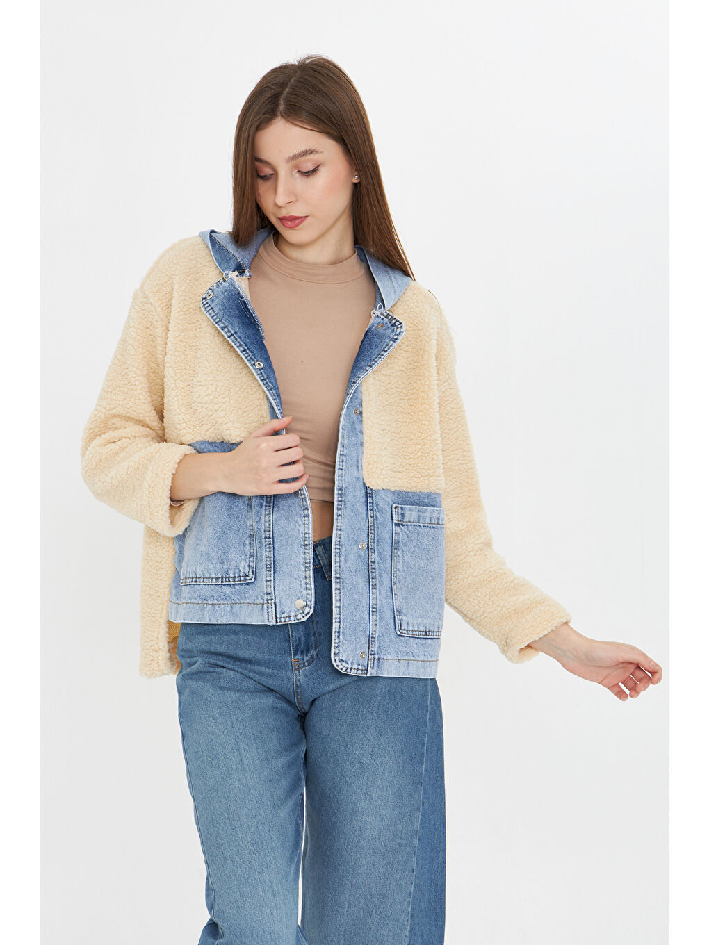 Mavi Kadın Kapüşonlu Denim Detaylı Pelüş Ceket-4