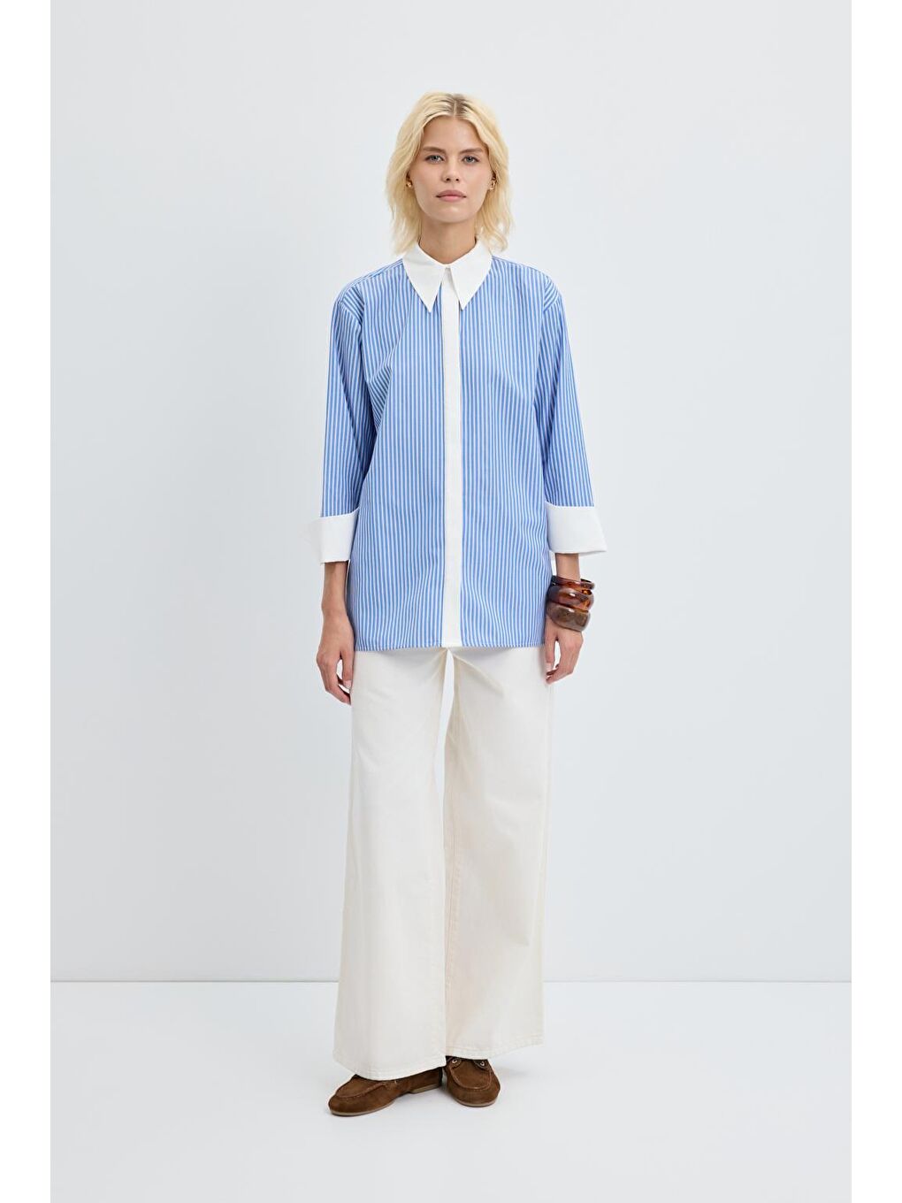 Geniş Manşetli Çizgili Gömlek Mavi-1