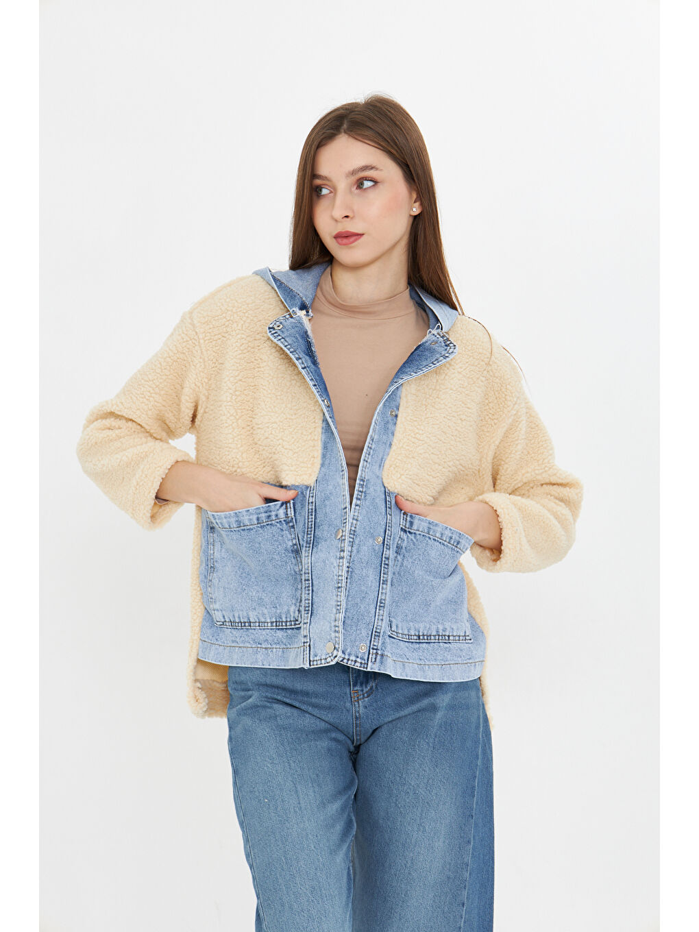 Mavi Kadın Kapüşonlu Denim Detaylı Pelüş Ceket-5