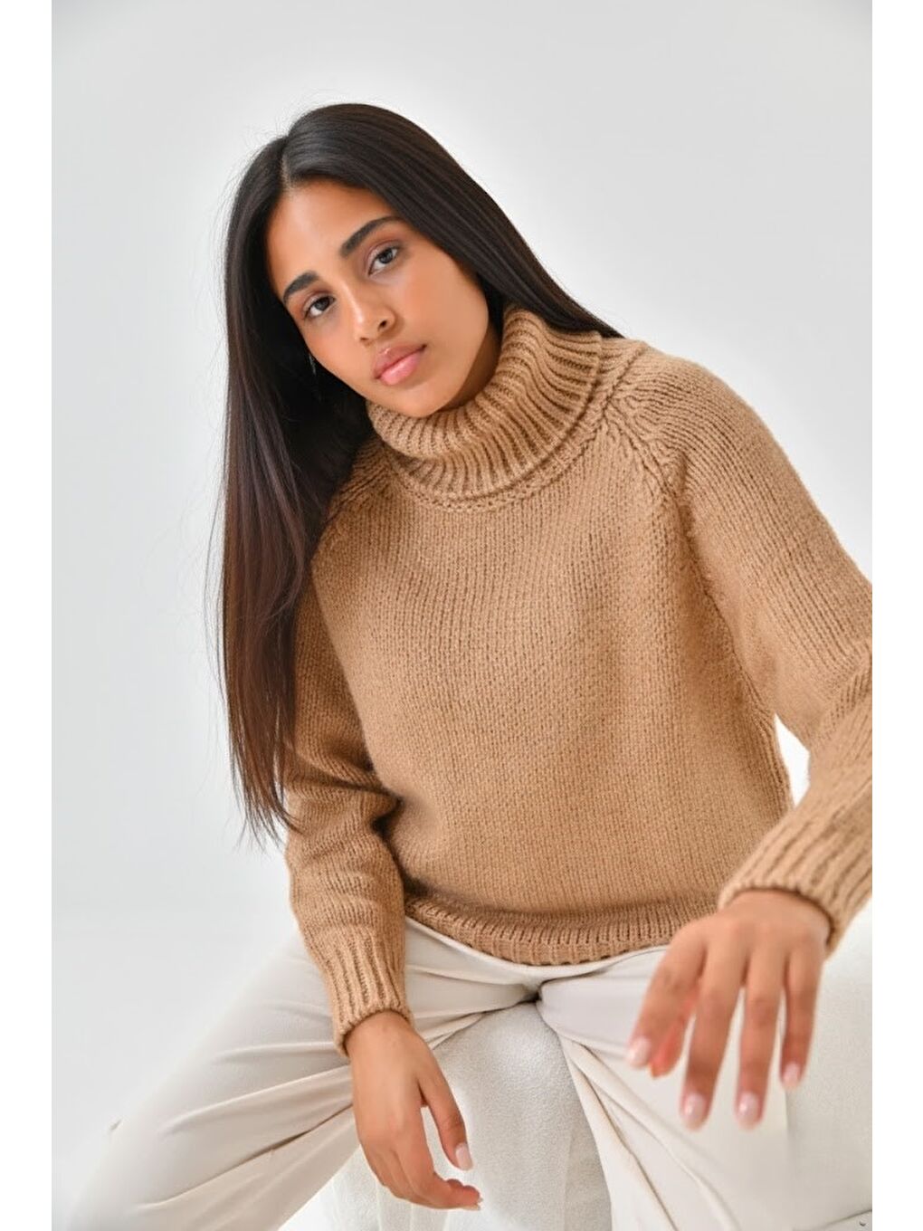 Kahverengi Kadın Balıkçı Yaka Kaşkorse Triko Kazak-2
