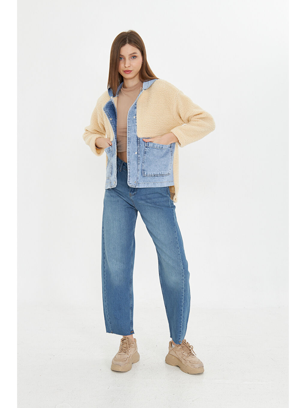 Mavi Kadın Kapüşonlu Denim Detaylı Pelüş Ceket-6