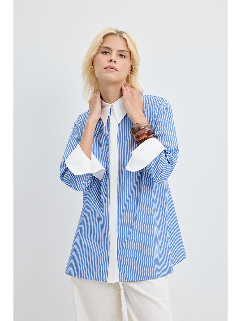 Geniş Manşetli Çizgili Gömlek Mavi-2