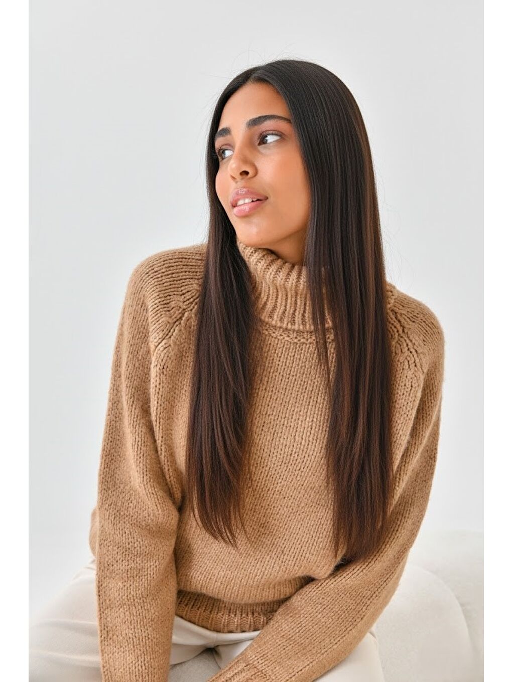Kahverengi Kadın Balıkçı Yaka Kaşkorse Triko Kazak-3